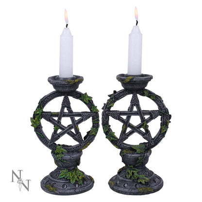 Nemesis Now Wiccan Pentagram Candlesticks Set of Two Candle Holder 15cm, Resin, Black, Pentagram Design, Gothic Dining Room Decor, Gothic Romance Gift, Cast in the Finest Resin, Expertly Hand-Painted