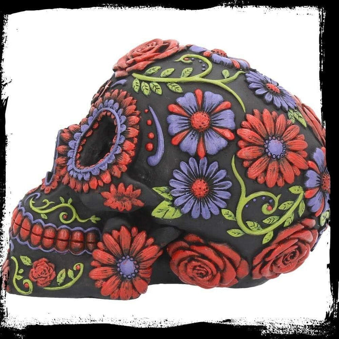 Nemesis Now B3621J7 Resin Skull with Traditional Floral Decorations, Black, 18 cm, One Size