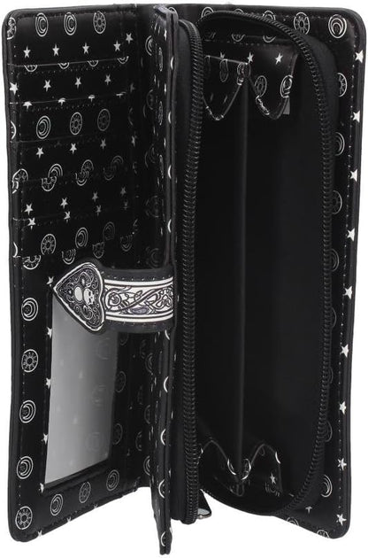 Nemesis Now Spirit Board Embossed Ouija Purse 19cm, PU Leather, Black, Classic Black and White Spirit Board Pattern, Magical and Stylish, Beautiful Embossed Detailing