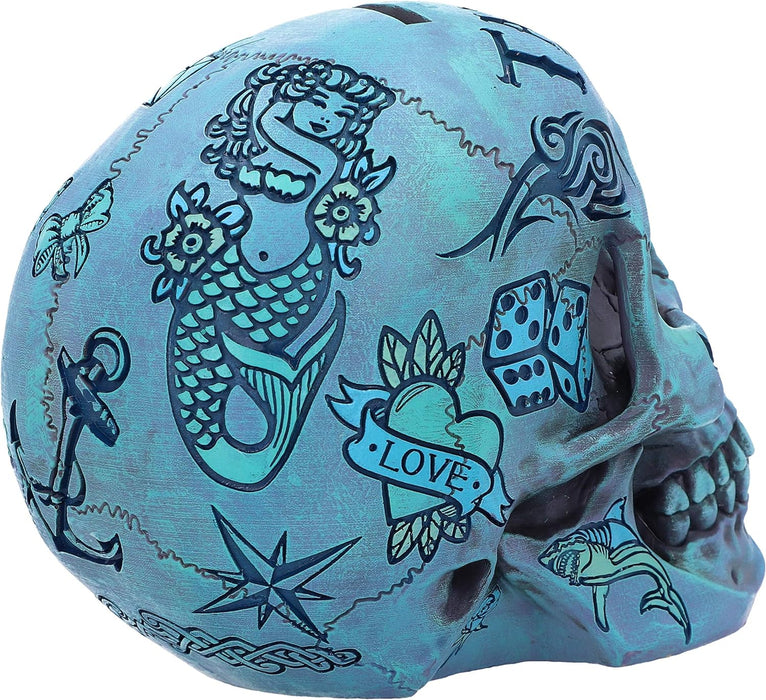 Nemesis Now Aqua Blue Traditional, Tribal Tattoo Fund Skull Adorno de Calavera, Polirresina, Azul, Talla única