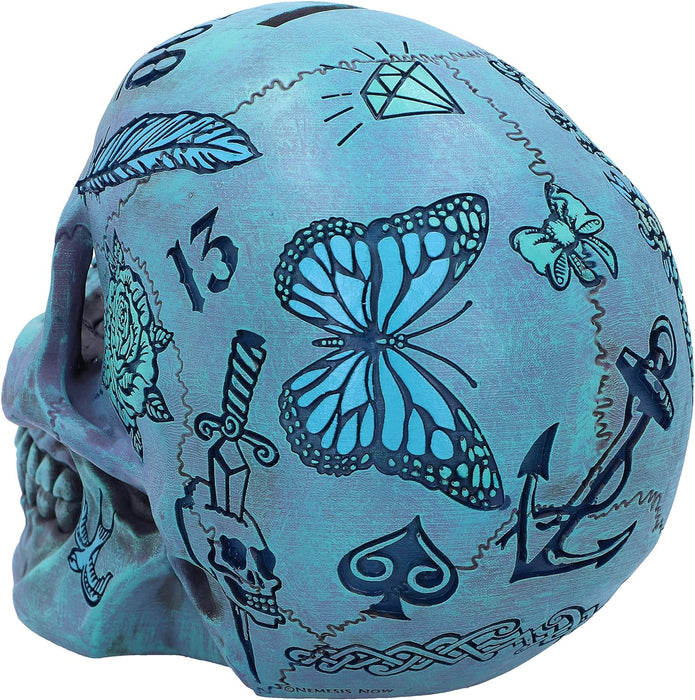 Nemesis Now Aqua Blue Traditional, Tribal Tattoo Fund Skull Adorno de Calavera, Polirresina, Azul, Talla única