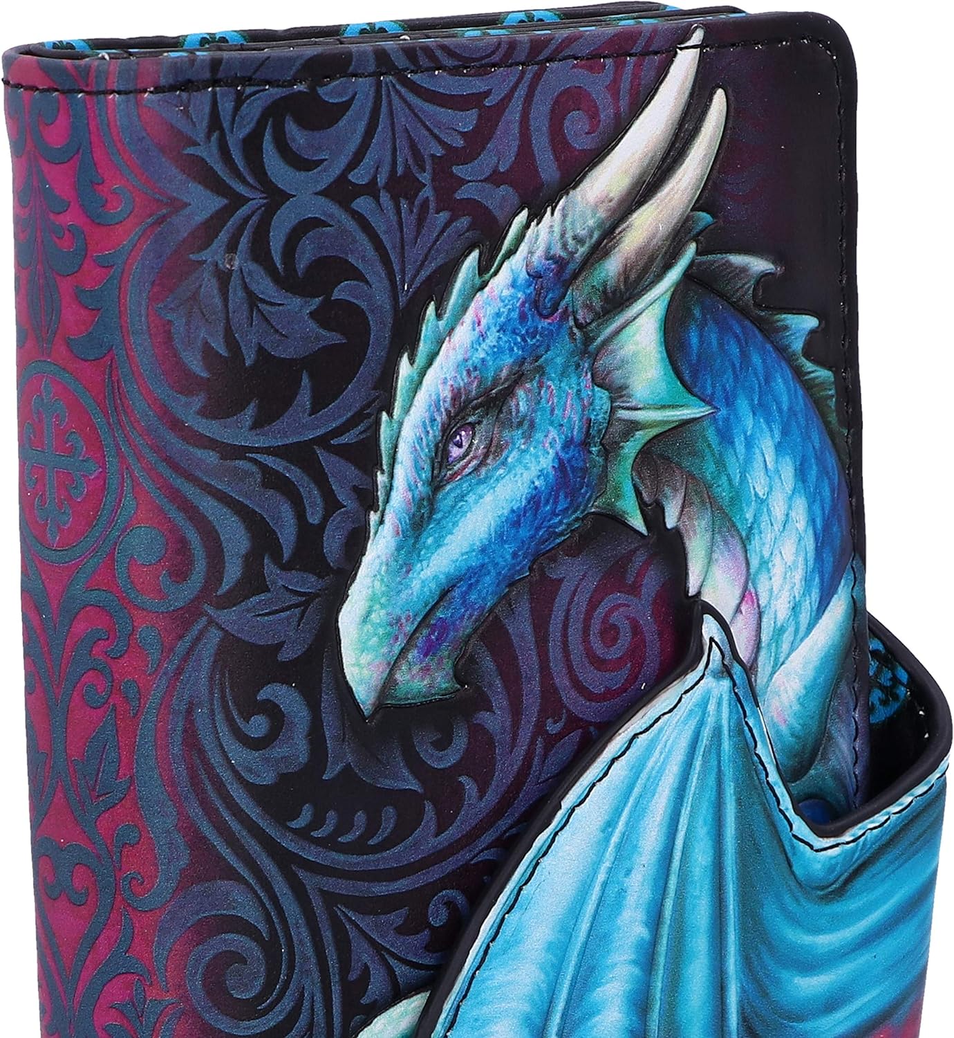 Nemesis Now Take Flight Embossed Purse Spacious Blue Dragon Wallet, 18.5cm, PU Leather, Red/Black, Intricate Baroque Designs, Wing Opening Purse, Multiple Card Slots & Zipped Coin Compartment