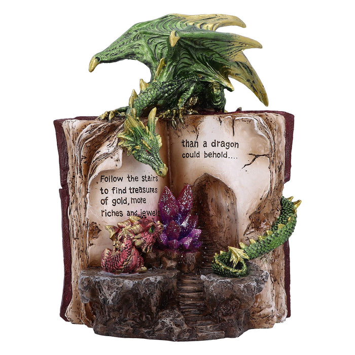 Nemesis Now with Book Crystal Figurine Figura de dragón con Libro de Cristal Hoard Finders, Resina, Verde, 20.8cm