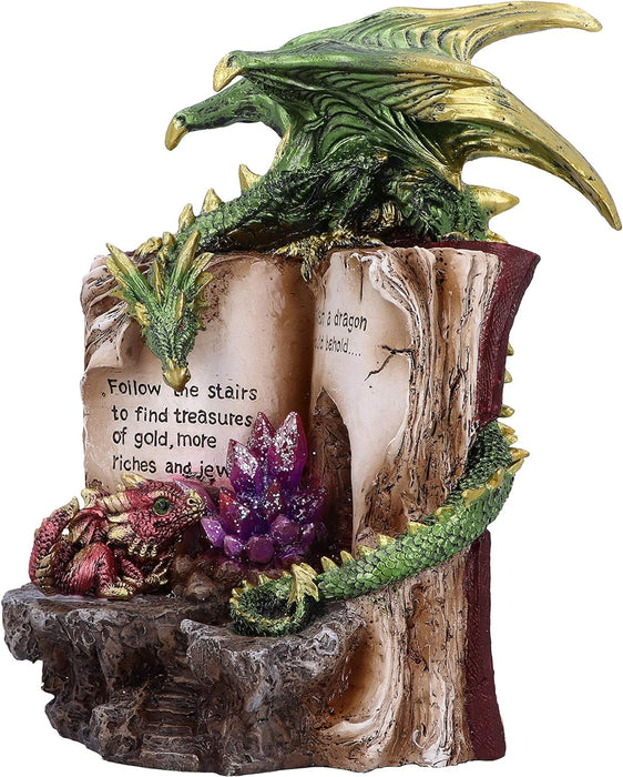 Nemesis Now with Book Crystal Figurine Figura de dragón con Libro de Cristal Hoard Finders, Resina, Verde, 20.8cm