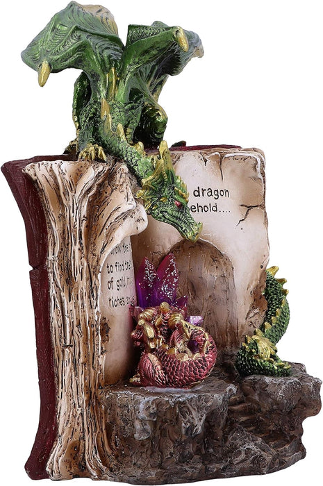Nemesis Now with Book Crystal Figurine Figura de dragón con Libro de Cristal Hoard Finders, Resina, Verde, 20.8cm