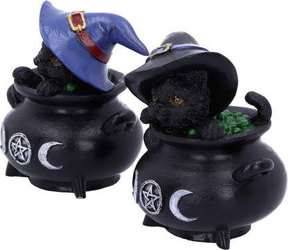 Nemesis Now Hubble and Bubble Witches Familiar Black Cat and Cauldron Figurines, 8cm