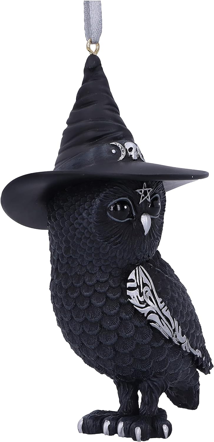 Nemesis Now Cult Cuties Owlocen Hanging Ornament 12cm, Resin, Black, Scarily Adorable Bewitching Cat Hanging Ornament, Witch Owl Hanging Ornament, Cast in the Finest Resin, Lovingly Hand-Painted