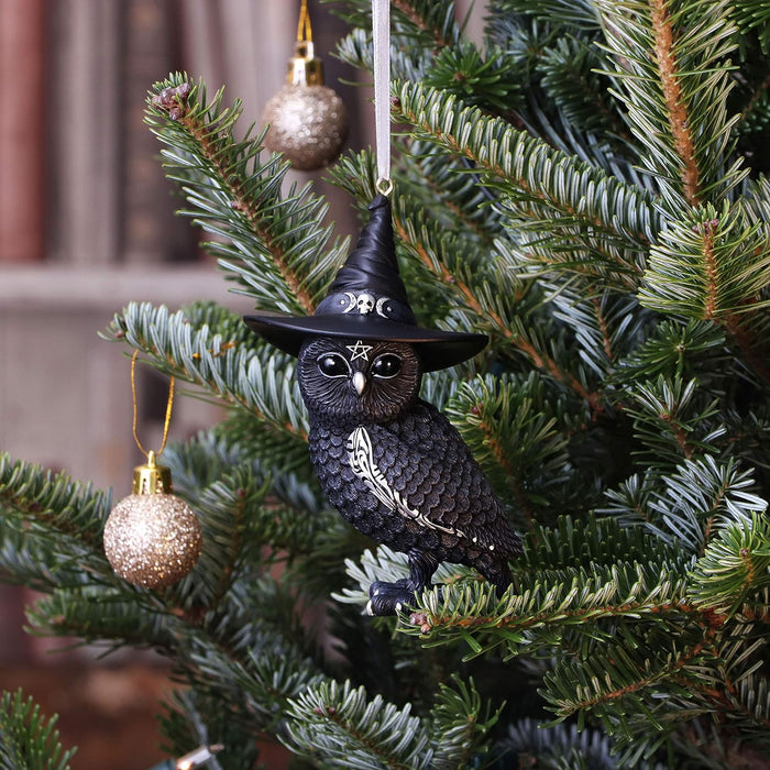 Nemesis Now Cult Cuties Owlocen Hanging Ornament 12cm, Resin, Black, Scarily Adorable Bewitching Cat Hanging Ornament, Witch Owl Hanging Ornament, Cast in the Finest Resin, Lovingly Hand-Painted