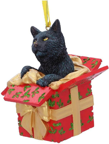 Nemesis Now Lisa Parker Present Black Cat Hanging Ornament 9cm, Resin, Cat in Festive Decoration, Cat Christmas Decoration, Cast in the Finest Resin, Expertly Hand-Painted