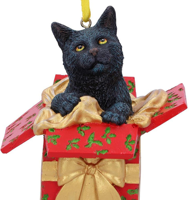 Nemesis Now Lisa Parker Present Black Cat Hanging Ornament 9cm, Resin, Cat in Festive Decoration, Cat Christmas Decoration, Cast in the Finest Resin, Expertly Hand-Painted