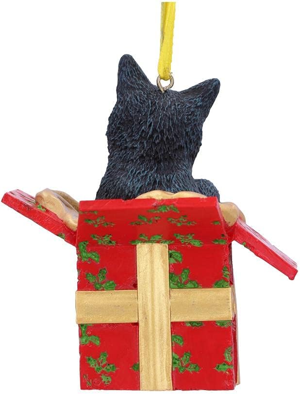 Nemesis Now Lisa Parker Present Black Cat Hanging Ornament 9cm, Resin, Cat in Festive Decoration, Cat Christmas Decoration, Cast in the Finest Resin, Expertly Hand-Painted