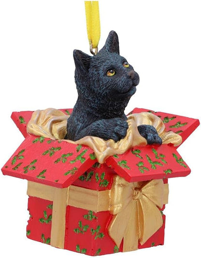 Nemesis Now Lisa Parker Present Black Cat Hanging Ornament 9cm, Resin, Cat in Festive Decoration, Cat Christmas Decoration, Cast in the Finest Resin, Expertly Hand-Painted
