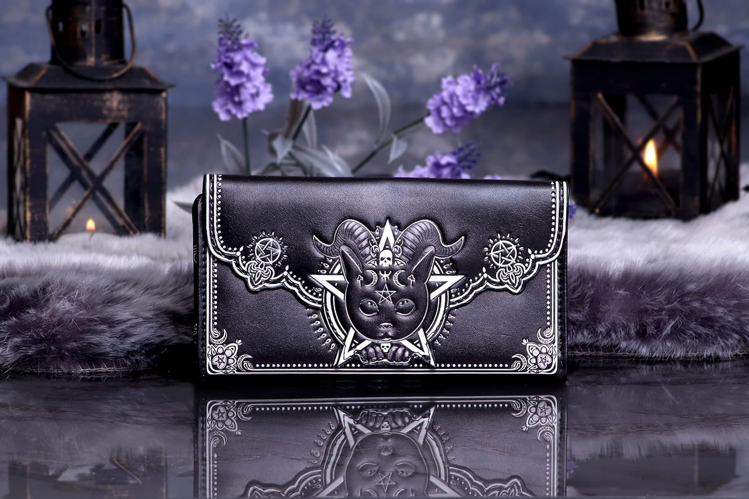Nemesis Now Pawzuph Embossed Purse 18.5cm, PU Leather, Black, Horned Cat Purse, Stylish and Practical, Multiple Slots for Cash and Cards