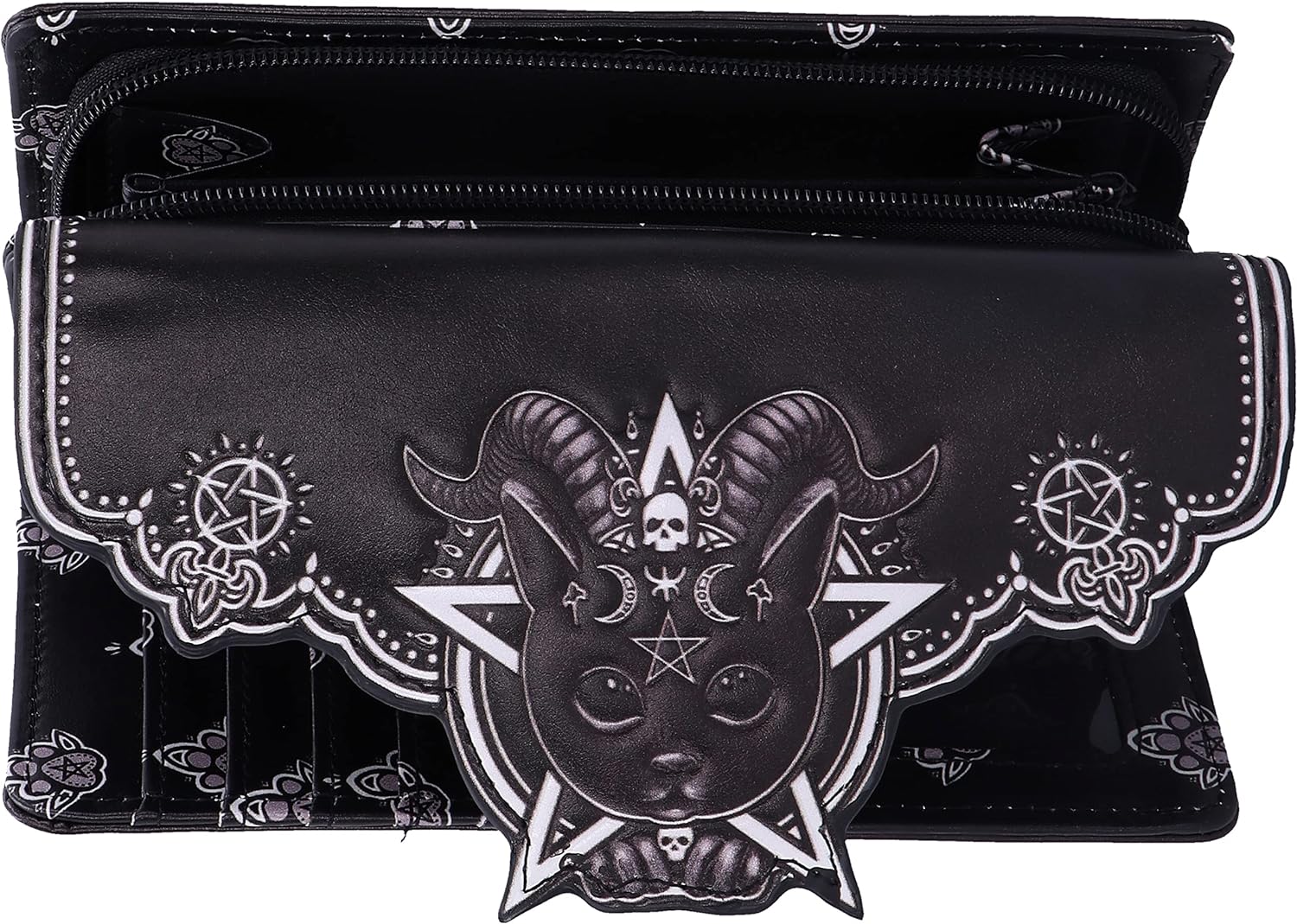 Nemesis Now Pawzuph Embossed Purse 18.5cm, PU Leather, Black, Horned Cat Purse, Stylish and Practical, Multiple Slots for Cash and Cards