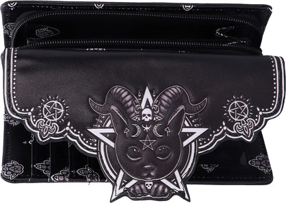 Nemesis Now Pawzuph Embossed Purse 18.5cm, PU Leather, Black, Horned Cat Purse, Stylish and Practical, Multiple Slots for Cash and Cards