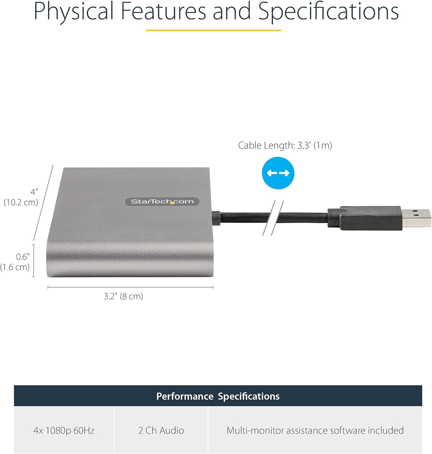 StarTech.com USB 3.0 to 4x HDMI Adapter - External Video & Graphics Card - USB Type-A to Quad HDMI Display Adapter Dongle - 1080p 60Hz - Multi Monitor USB A to HDMI Converter - Windows Only (USB32HD4