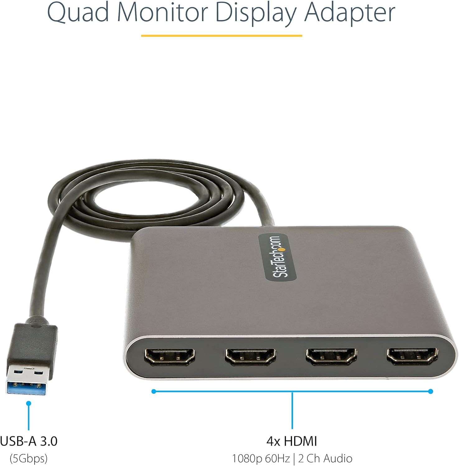 StarTech.com USB 3.0 to 4x HDMI Adapter - External Video & Graphics Card - USB Type-A to Quad HDMI Display Adapter Dongle - 1080p 60Hz - Multi Monitor USB A to HDMI Converter - Windows Only (USB32HD4