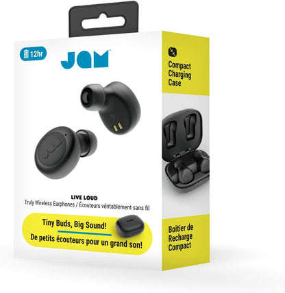 Jam Live Loud TWS Earbuds - Wireless in-ear headphones with Bluetooth Connectivity, Up to 12 hours playtime, Sweat Resistant Sports Earpods with Hands Free Calling Capability - Black