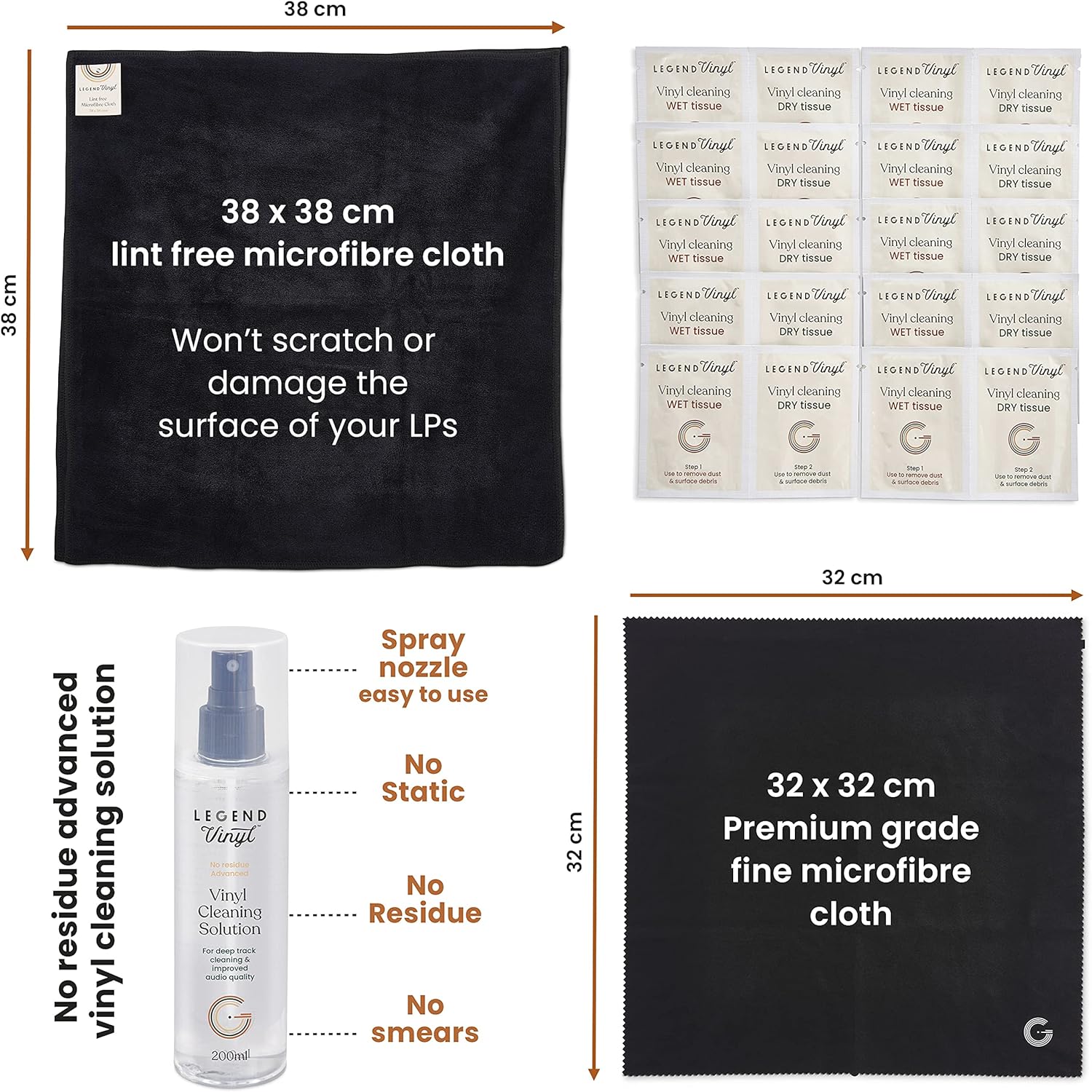 Record Cleaner | 13 Pieces | Vinyl Record Cleaner Kit | 200ml Cleaning fluid | 2 Microfibre Cloths | 10 x Wet and Dry Wipes | Ultimate Vinyl Records Collection Kit for Enthusiasts