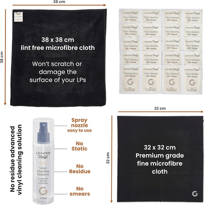 Record Cleaner | 13 Pieces | Vinyl Record Cleaner Kit | 200ml Cleaning fluid | 2 Microfibre Cloths | 10 x Wet and Dry Wipes | Ultimate Vinyl Records Collection Kit for Enthusiasts