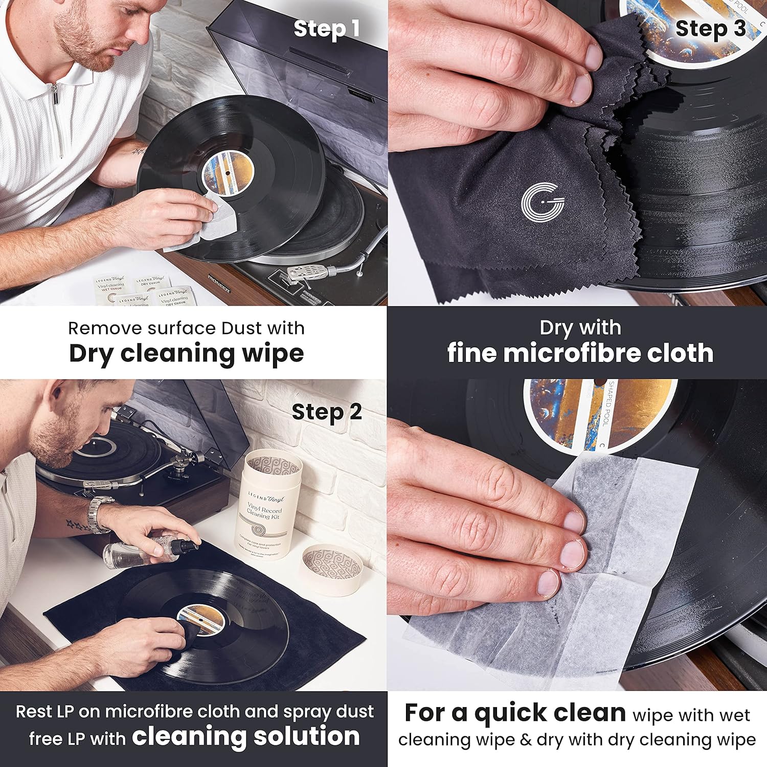 Record Cleaner | 13 Pieces | Vinyl Record Cleaner Kit | 200ml Cleaning fluid | 2 Microfibre Cloths | 10 x Wet and Dry Wipes | Ultimate Vinyl Records Collection Kit for Enthusiasts