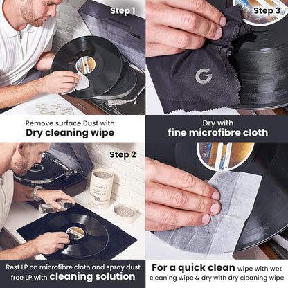 Record Cleaner | 13 Pieces | Vinyl Record Cleaner Kit | 200ml Cleaning fluid | 2 Microfibre Cloths | 10 x Wet and Dry Wipes | Ultimate Vinyl Records Collection Kit for Enthusiasts