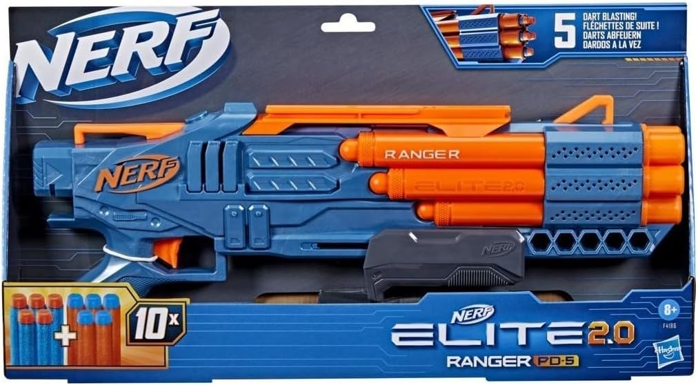 Nerf Elite 2.0 Ranger PD-5 Blaster, 5-Barrel Blasting, 10 Nerf Elite Darts, Easy To Use, Dart Storage, Pump Action