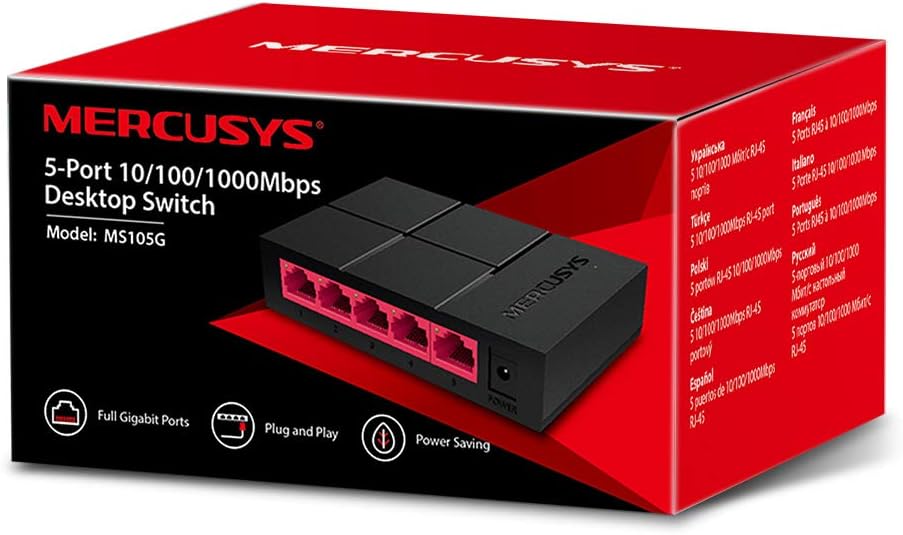 MERCUSYS 5-Port 10/100/1000Mbps Desktop Ethernet Switch/Hub, Ethernet Splitter, Saves power by up to 82%, Plug & Play, no configuration required (MS105G