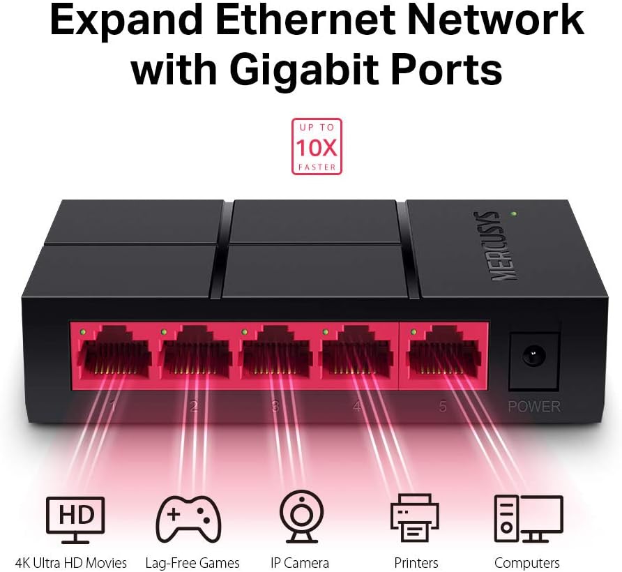 MERCUSYS 5-Port 10/100/1000Mbps Desktop Ethernet Switch/Hub, Ethernet Splitter, Saves power by up to 82%, Plug & Play, no configuration required (MS105G