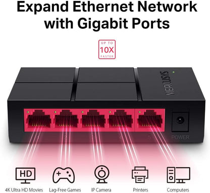 MERCUSYS 5-Port 10/100/1000Mbps Desktop Ethernet Switch/Hub, Ethernet Splitter, Saves power by up to 82%, Plug & Play, no configuration required (MS105G