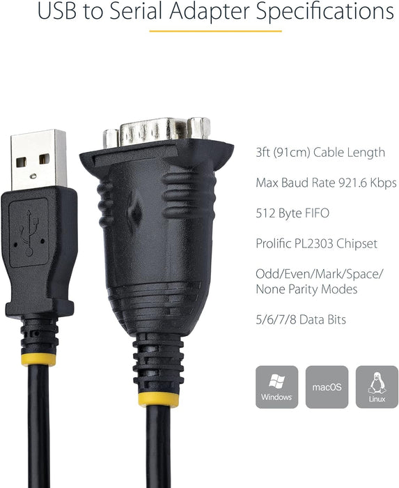 StarTech.com Cable de 1m USB a Serie, Conversor DB9 Macho RS232 a USB, Prolific, Adaptador USB a Serial para PLC/Impresora/Escáner, Adaptador USB a puerto COM, Windows/Mac (1P3FP-USB-SERIAL