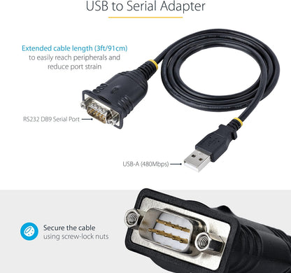 StarTech.com Cable de 1m USB a Serie, Conversor DB9 Macho RS232 a USB, Prolific, Adaptador USB a Serial para PLC/Impresora/Escáner, Adaptador USB a puerto COM, Windows/Mac (1P3FP-USB-SERIAL