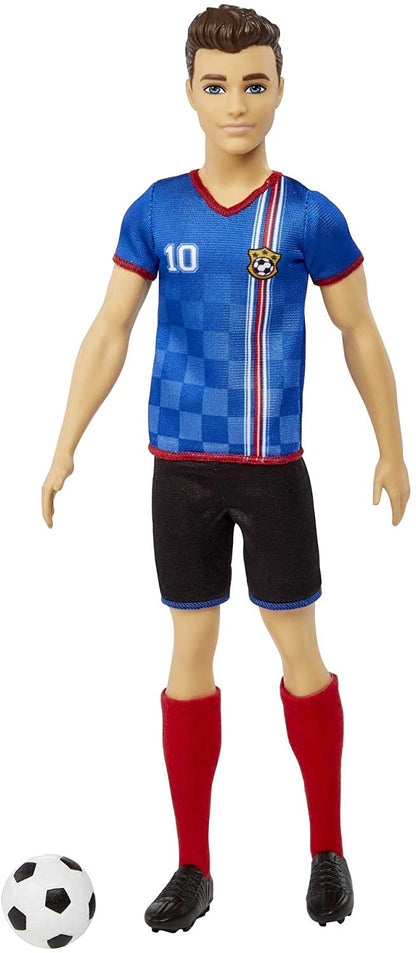 Barbie You Can Be Anything Serie, Ken Fußballspieler, Ken Puppe mit braunen Haaren, blaues Trikot, Fußball, Geschenk für Kinder, Spielzeug ab 3 Jahre, HCN15