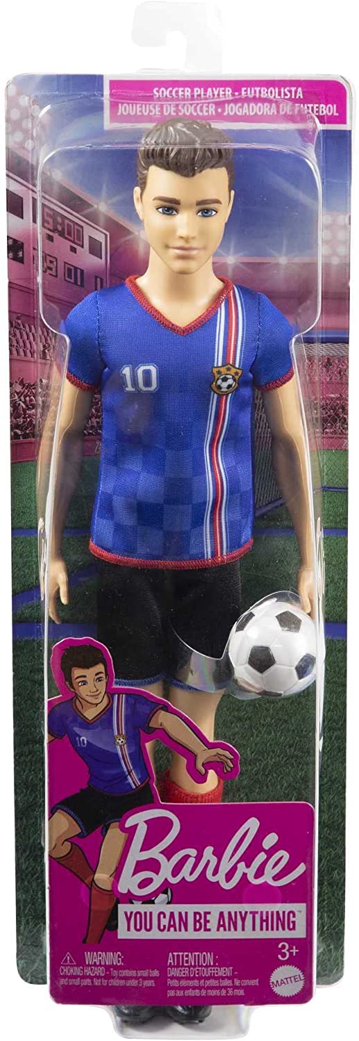 Barbie You Can Be Anything Serie, Ken Fußballspieler, Ken Puppe mit braunen Haaren, blaues Trikot, Fußball, Geschenk für Kinder, Spielzeug ab 3 Jahre, HCN15