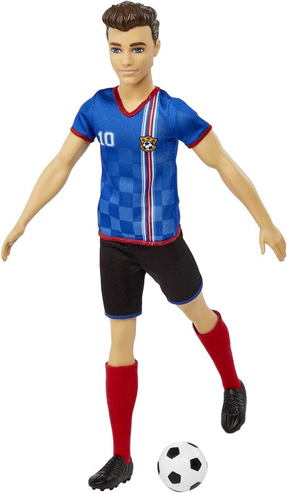 Barbie You Can Be Anything Serie, Ken Fußballspieler, Ken Puppe mit braunen Haaren, blaues Trikot, Fußball, Geschenk für Kinder, Spielzeug ab 3 Jahre, HCN15