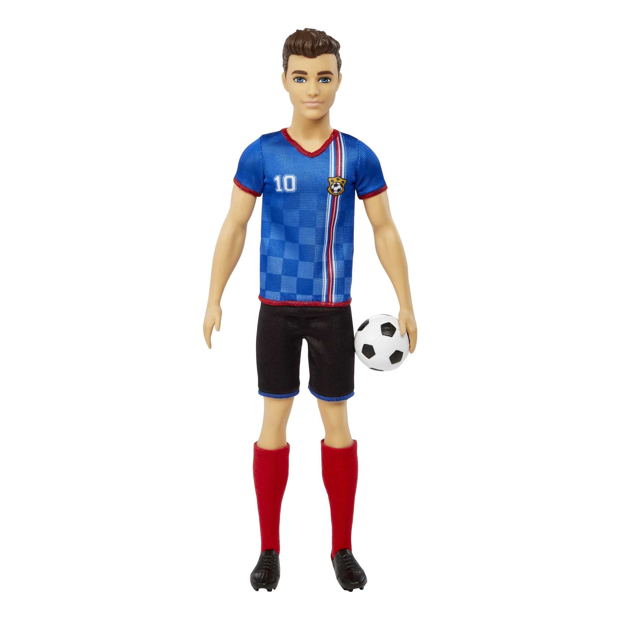 Barbie You Can Be Anything Serie, Ken Fußballspieler, Ken Puppe mit braunen Haaren, blaues Trikot, Fußball, Geschenk für Kinder, Spielzeug ab 3 Jahre, HCN15
