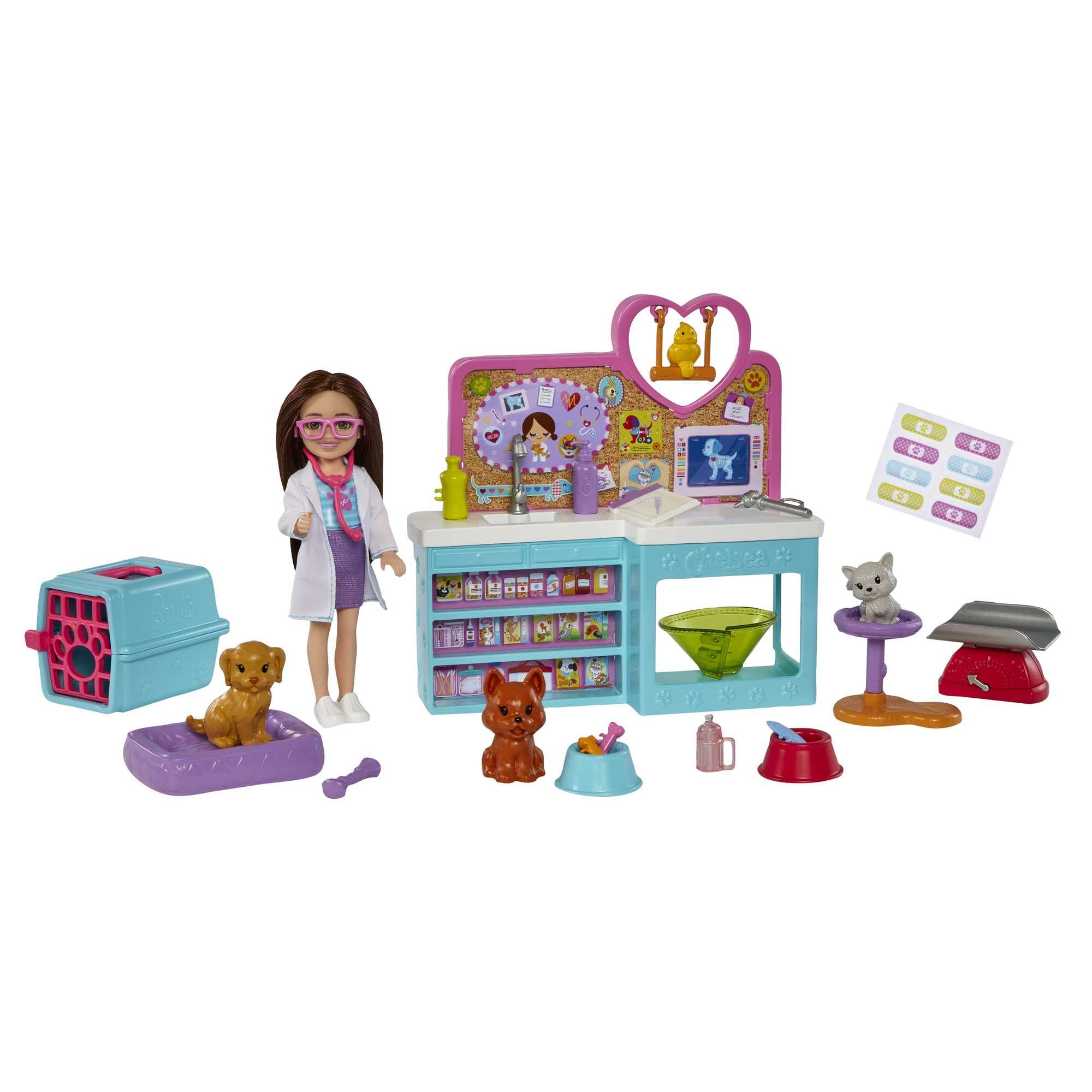Barbie Chelsea Veterinaria Muñeca niña Morena con clínica para Mascotas y 23 Accesorios, Set de Regalo de Juguete +3 años (Mattel HGT12