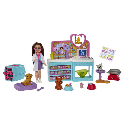 Barbie Chelsea Veterinaria Muñeca niña Morena con clínica para Mascotas y 23 Accesorios, Set de Regalo de Juguete +3 años (Mattel HGT12