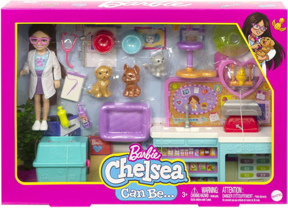 Barbie Chelsea Veterinaria Muñeca niña Morena con clínica para Mascotas y 23 Accesorios, Set de Regalo de Juguete +3 años (Mattel HGT12