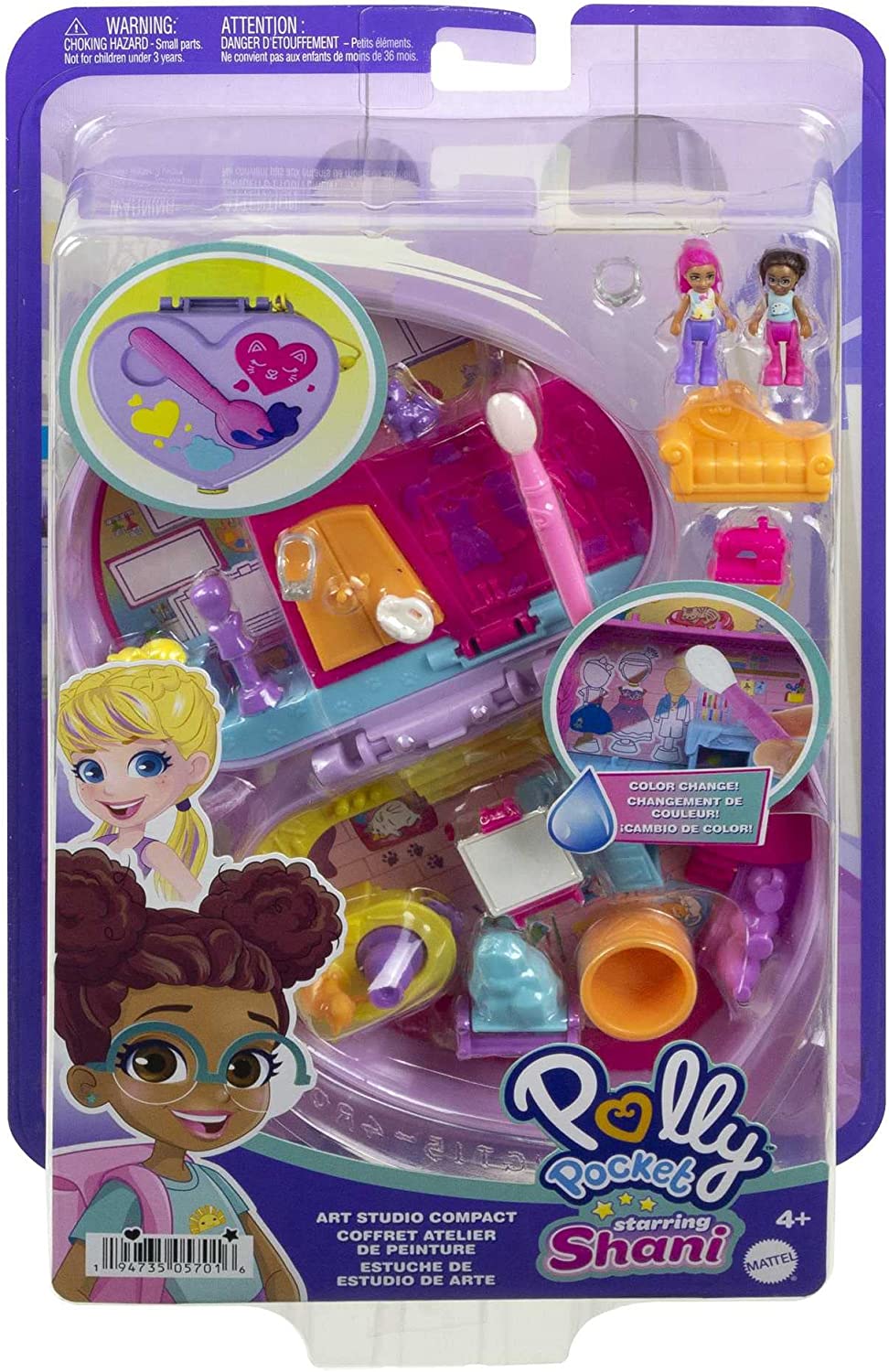 Polly Pocket Starring Shani Art Studio Compact, Micro Shani and Friend Dolls, 5 Reveals, 12 Accessories, Pop and Swap Feature, 4 and Up