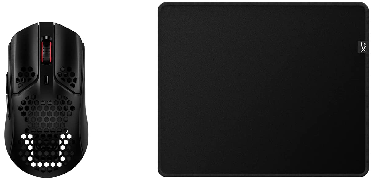 HYPERX Pulsefire Haste – Wireless Gaming Mouse – Ultra Lightweight, 61g, 100 Hour Battery Life – Black and Red & Pulsefire Mat – Gaming Mouse Pad – Medium – Precise Cloth Surface + Gaming Mouse Pad, Medium