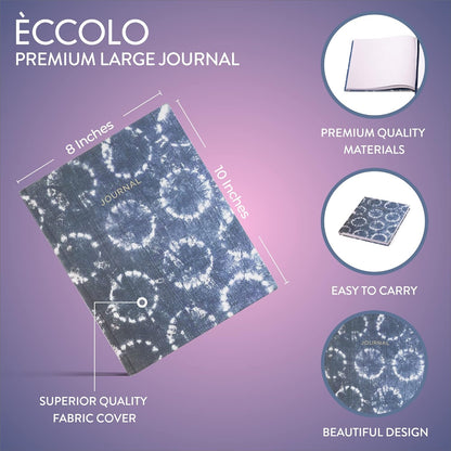 Eccolo Large Lined Journal Notebook, Hardbound Fabric Cover, Writing Journal, 256 Ruled White Pages, Ribbon Bookmark, Lay Flat, Desk Size for Work or School, Shibori Circles (Denim Blue, 8x10 inches