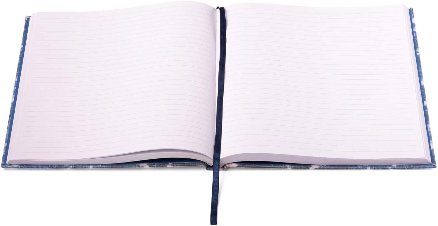 Eccolo Large Lined Journal Notebook, Hardbound Fabric Cover, Writing Journal, 256 Ruled White Pages, Ribbon Bookmark, Lay Flat, Desk Size for Work or School, Shibori Circles (Denim Blue, 8x10 inches