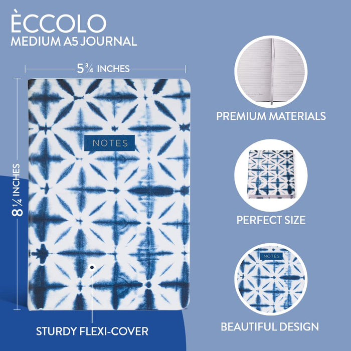 Eccolo Medium Lined Journal Notebook, Flexible Cover, A5 Writing Journal, 256 Ruled White Pages, Ribbon Bookmark, Lay Flat, Notebook for Work or School, Shibori (5.75-x-8.25 inches