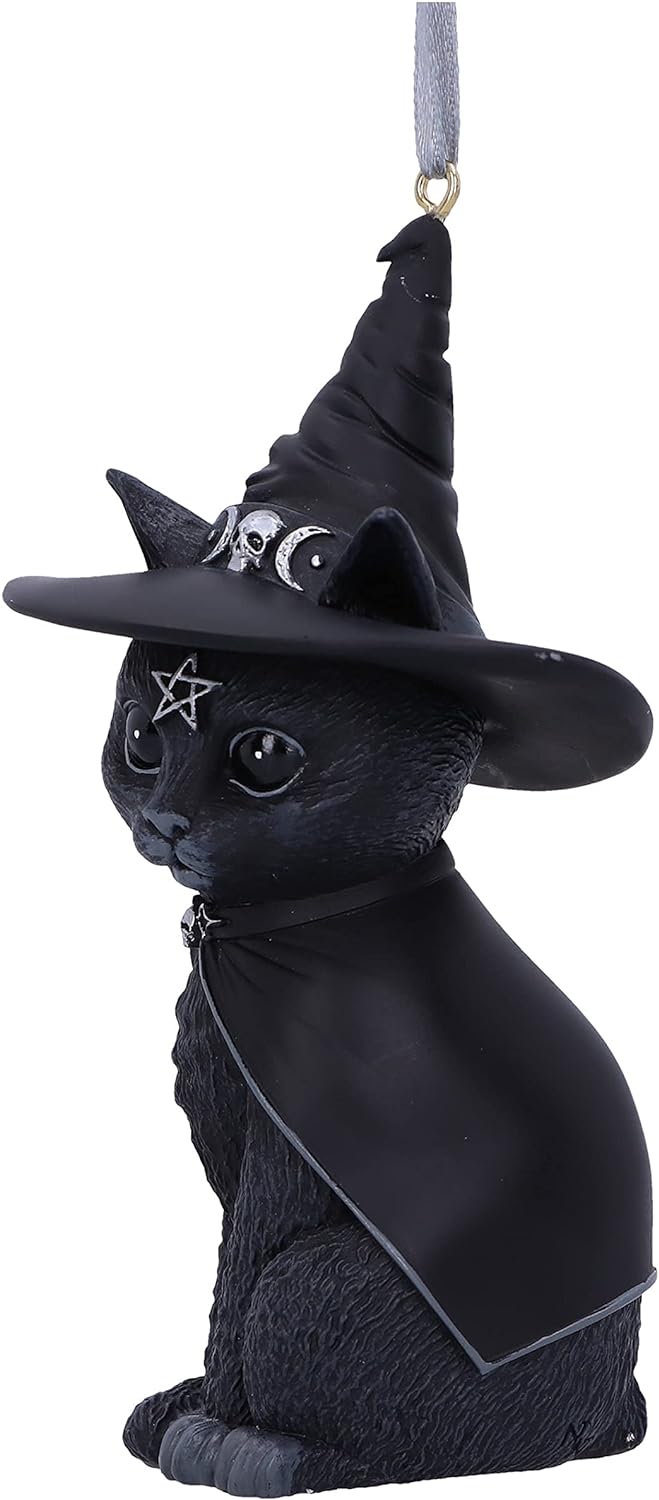 Nemesis Now Cult Cuties Purrah Hanging Ornament 11.5cm, Resin, Black, Scarily Adorable Bewitching Cat Hanging Ornament, Witch Cat, Cast in the Finest Resin, Expertly Hand-Painted
