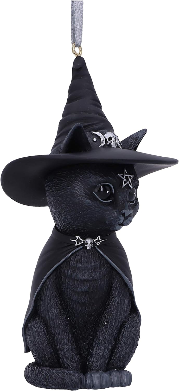 Nemesis Now Cult Cuties Purrah Hanging Ornament 11.5cm, Resin, Black, Scarily Adorable Bewitching Cat Hanging Ornament, Witch Cat, Cast in the Finest Resin, Expertly Hand-Painted