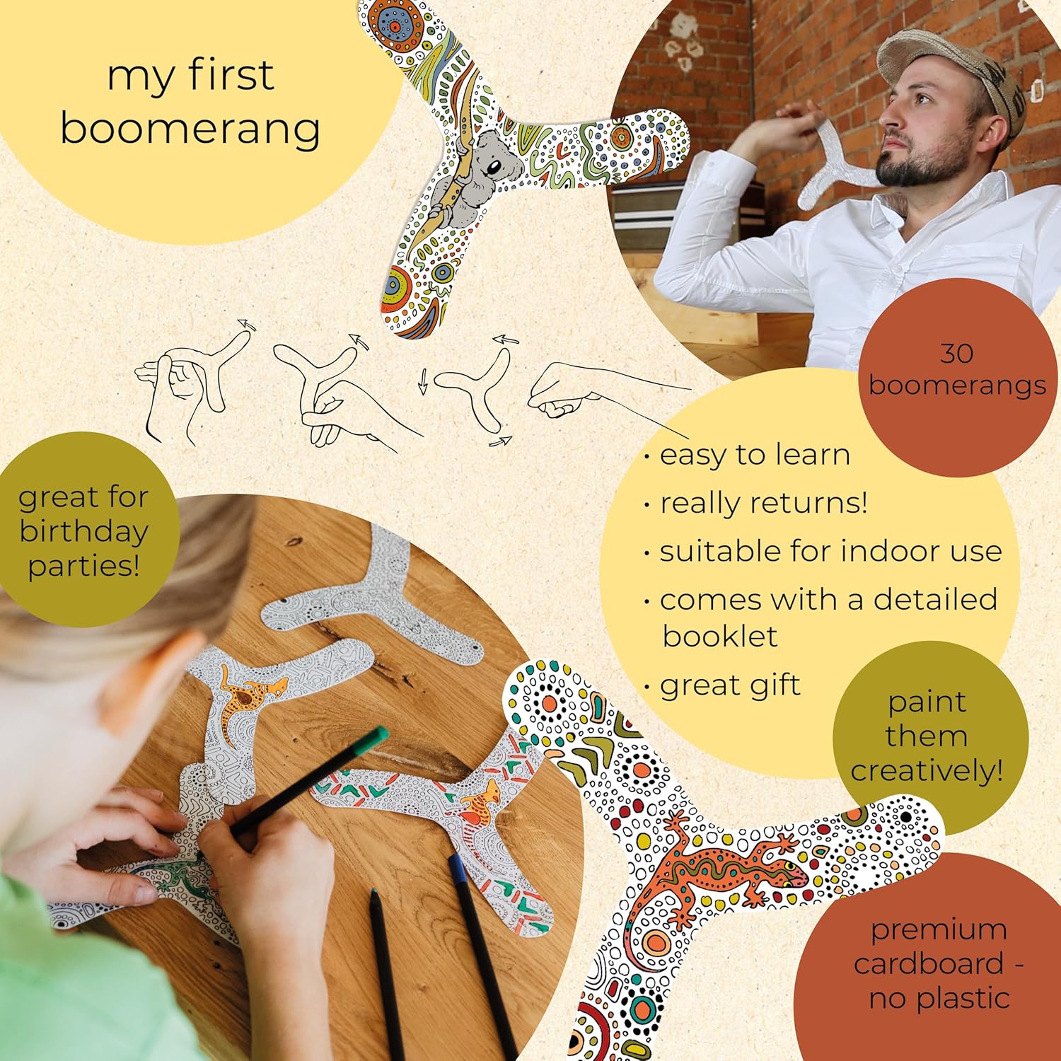 myFibo Boomerang Set - 30 Pieces, Easy to Throw, Color Your Own, Indoor Toy for Boys and Girls