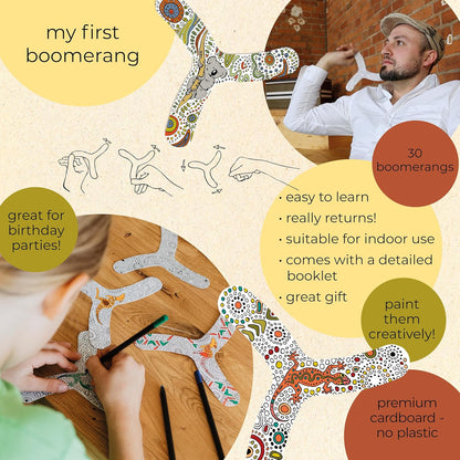 myFibo Boomerang Set - 30 Pieces, Easy to Throw, Color Your Own, Indoor Toy for Boys and Girls