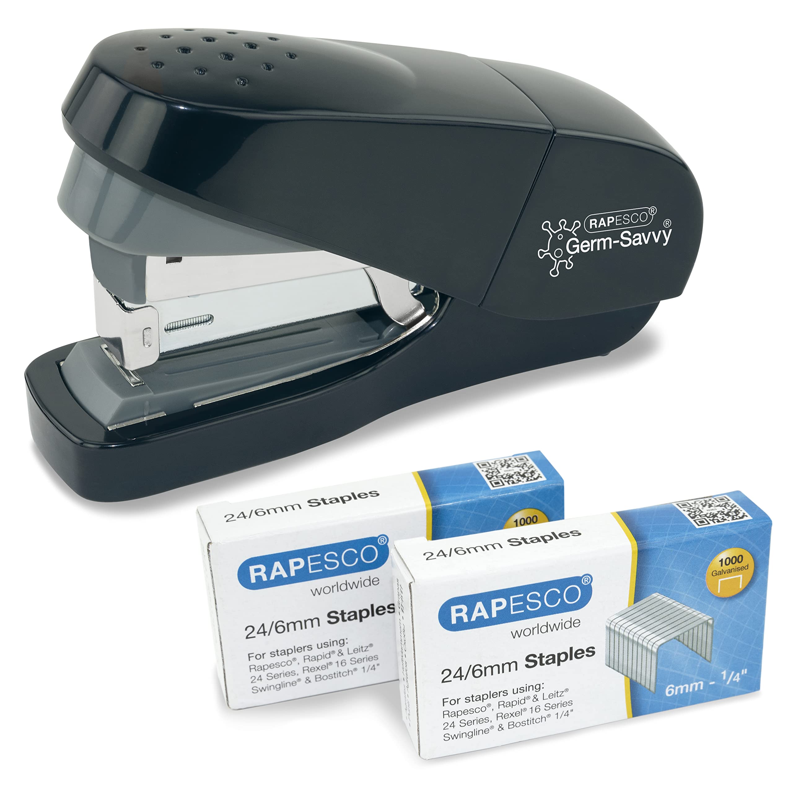 Rapesco 1688 Germ-Savvy Antibacterial, ECO Less Effort Flat Clinch Stapler with 2000 24/6 mm Staples, 35 Sheet Capacity, Uses 24/6 mm Staples, Black