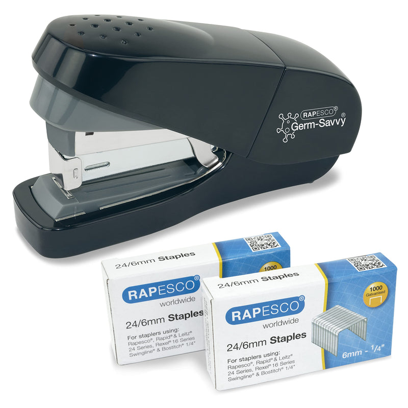 Rapesco 1688 Germ-Savvy Antibacterial, ECO Less Effort Flat Clinch Stapler with 2000 24/6 mm Staples, 35 Sheet Capacity, Uses 24/6 mm Staples, Black